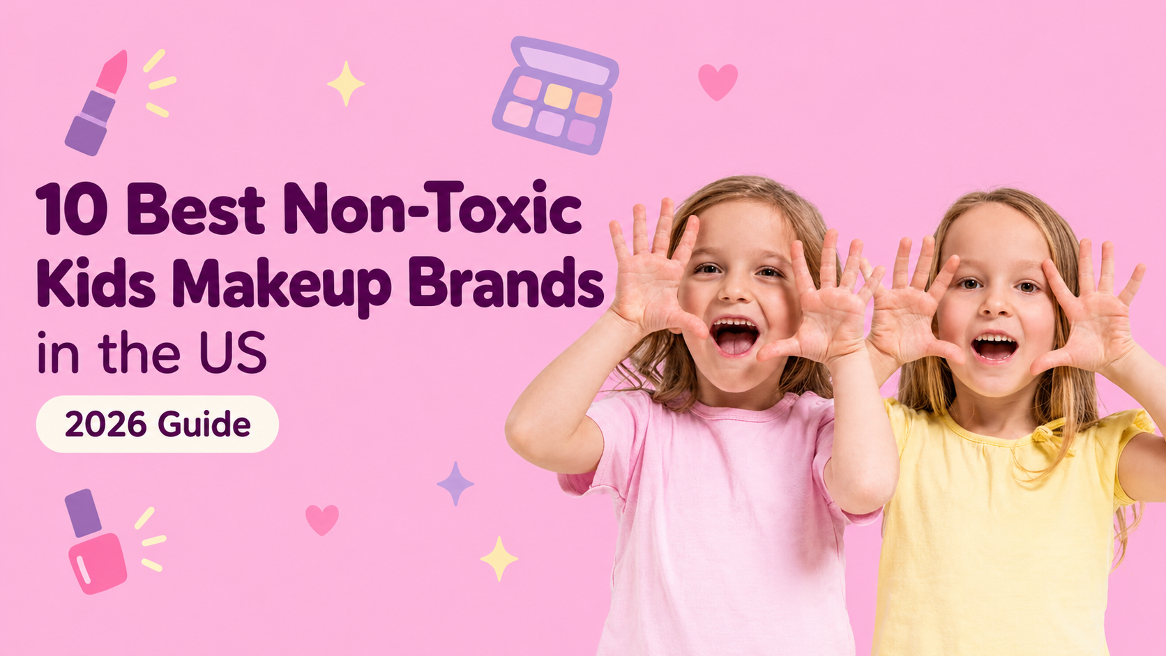 Two excited girls with hands raised on a pink background