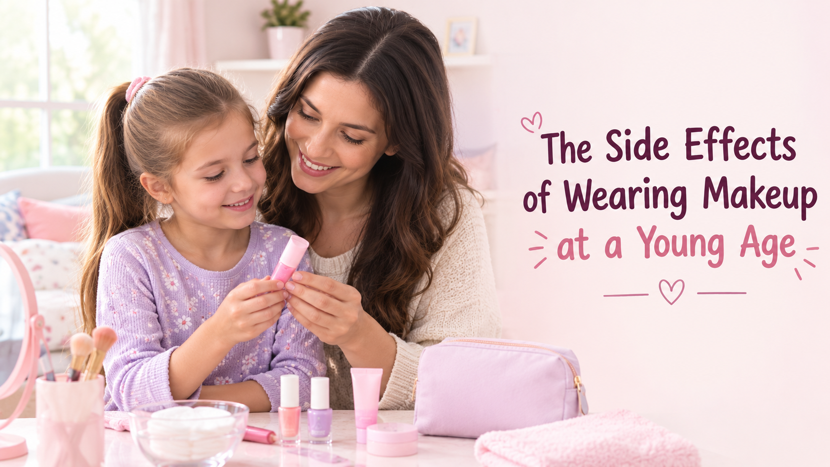 Mother and daughter discussing makeup products at a vanity for a blog about the side effects of wearing makeup at a young age.